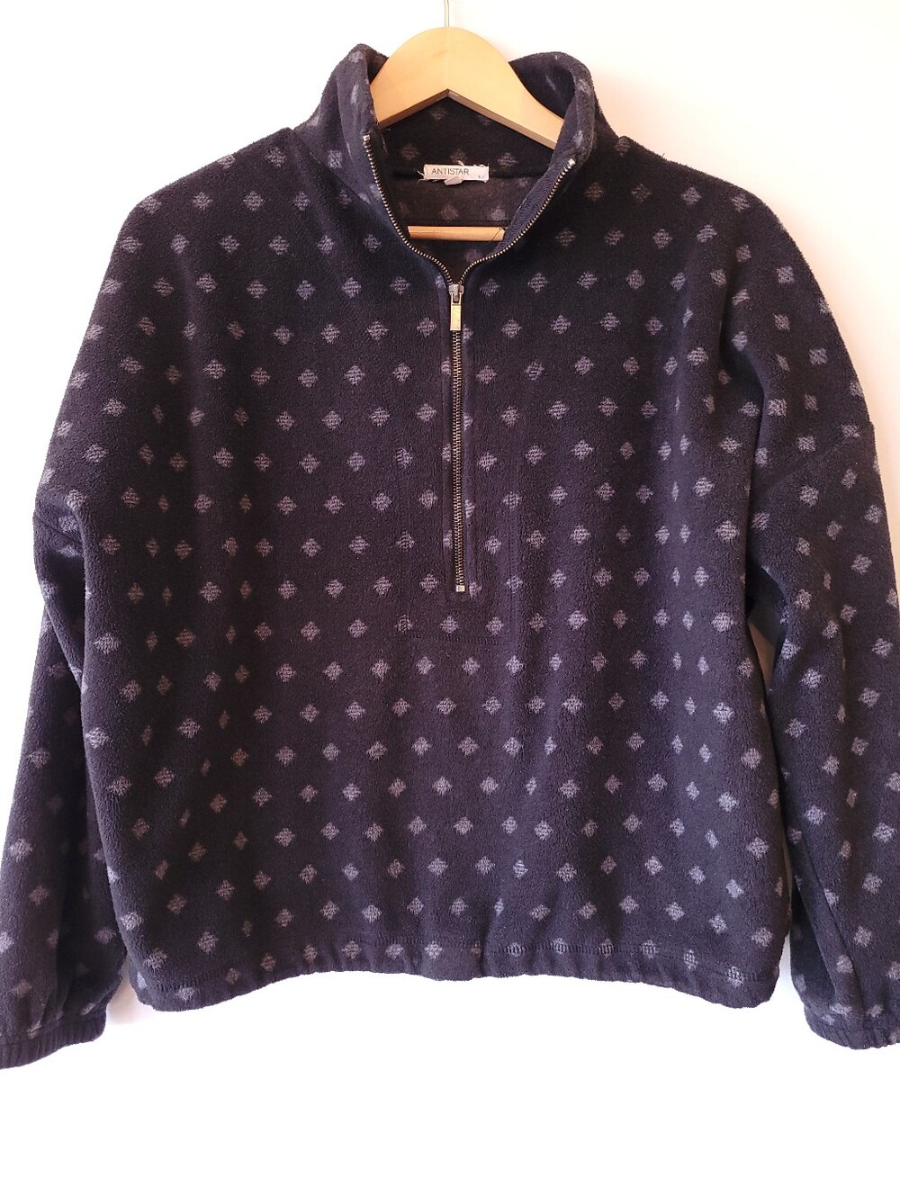 Antistar Cozy Patterned Half-Zip Fleece Pullover Cinchable Waist Black Grey S P